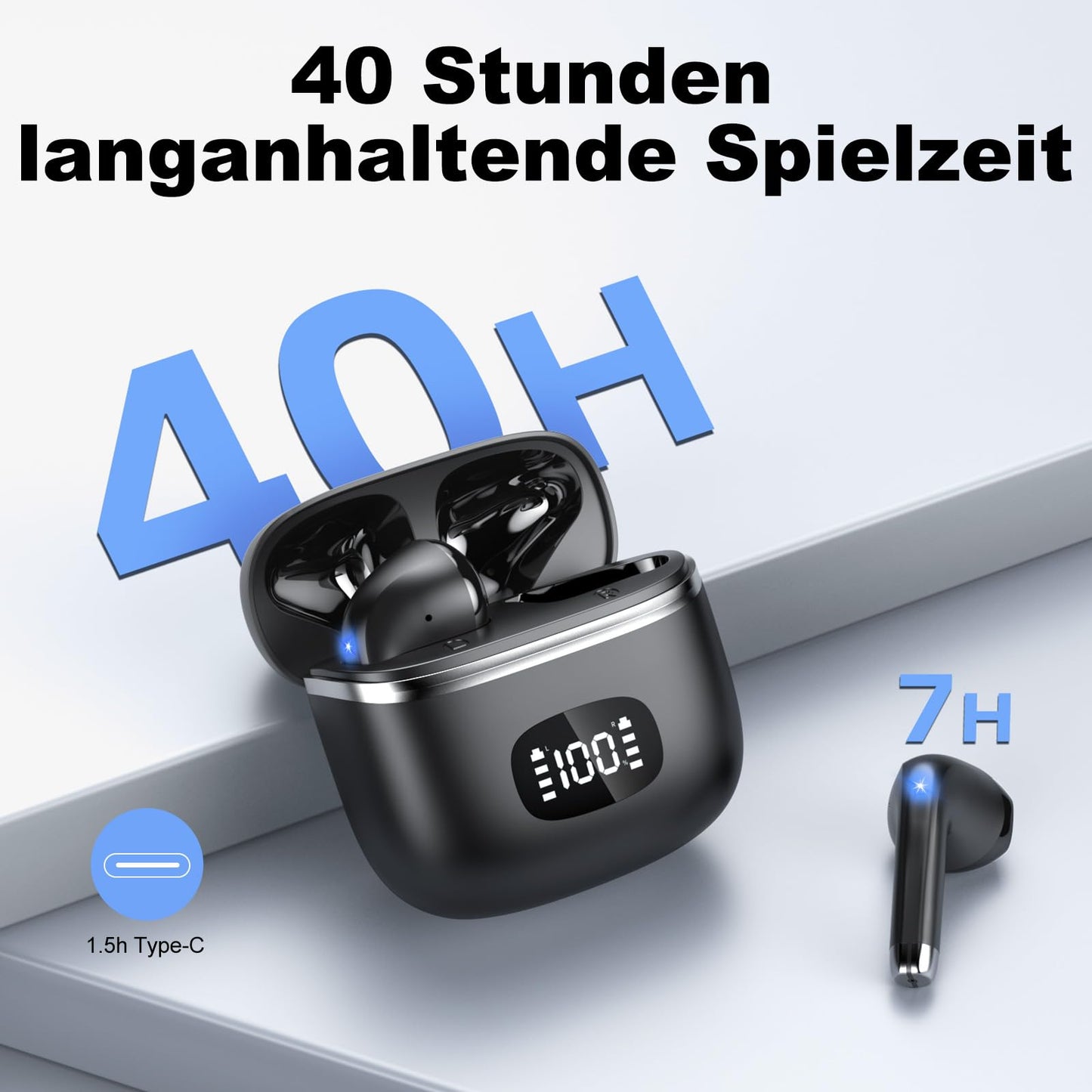 POMUIC Bluetooth Headphones, Wireless Bluetooth 5.3 Headphones with 4 ENC Noise Cancelling Mic, In-Ear HiFi Stereo, 40 Hours Playtime, LED Display