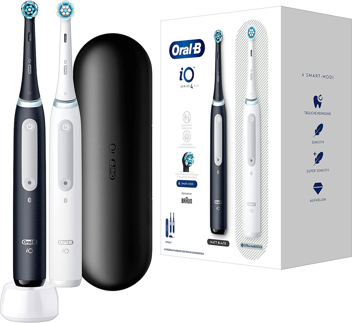 Oral-B iO Series 4 Plus Edition elektrisk tandbørste/elektrisk tandbørste PLUS 3 børstehoveder magnetisk etui, 4 rengøringstilstande, mat sort, designet af brun, TESTØVER Stiftung Warentest (12/2023)