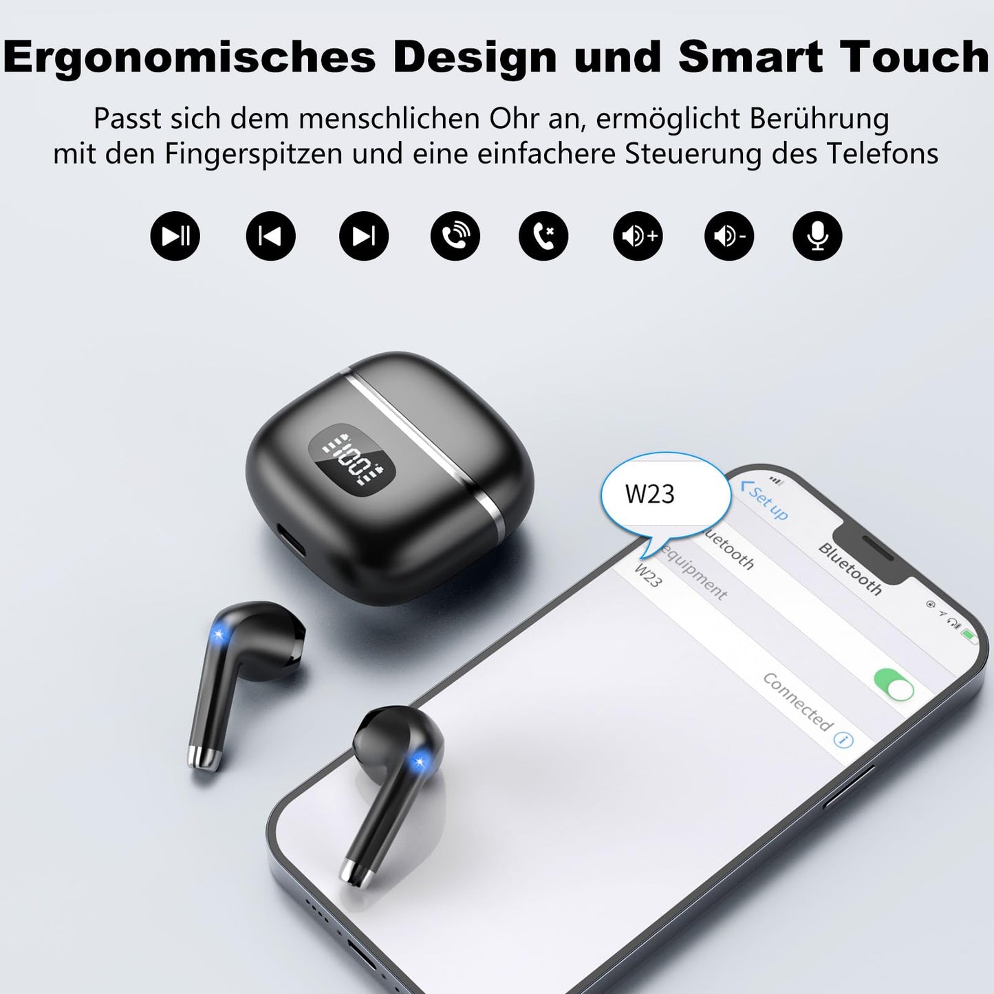 POMUIC Bluetooth Headphones, Wireless Bluetooth 5.3 Headphones with 4 ENC Noise Cancelling Mic, In-Ear HiFi Stereo, 40 Hours Playtime, LED Display