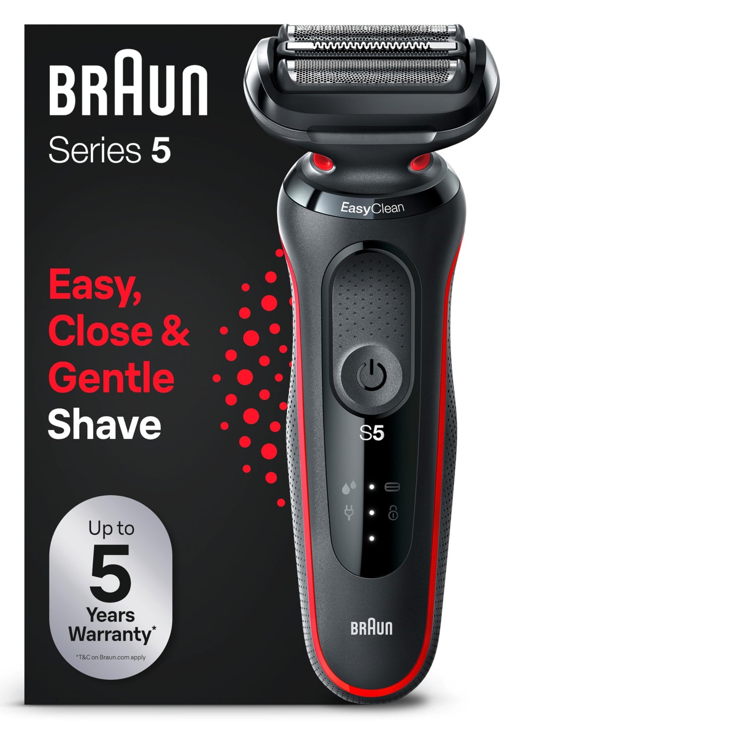Braun Series 5 Razor for Men, Electric Shaver, EasyClean, Wet and Dry, Rechargeable and Wireless, 51-R1000s, Red