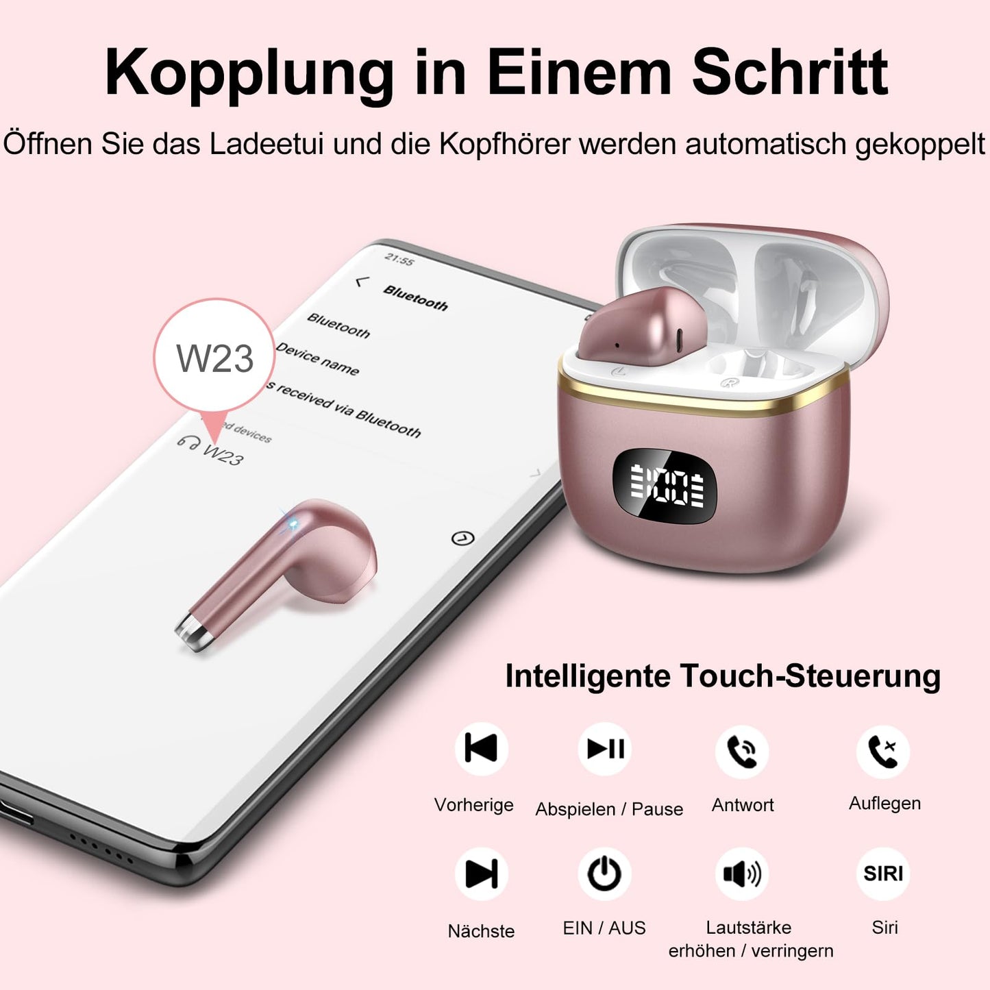 POMUIC Bluetooth Headphones, Wireless Bluetooth 5.3 Headphones with 4 ENC Noise Cancelling Mic, In-Ear HiFi Stereo, 40 Hours Playtime, LED Display