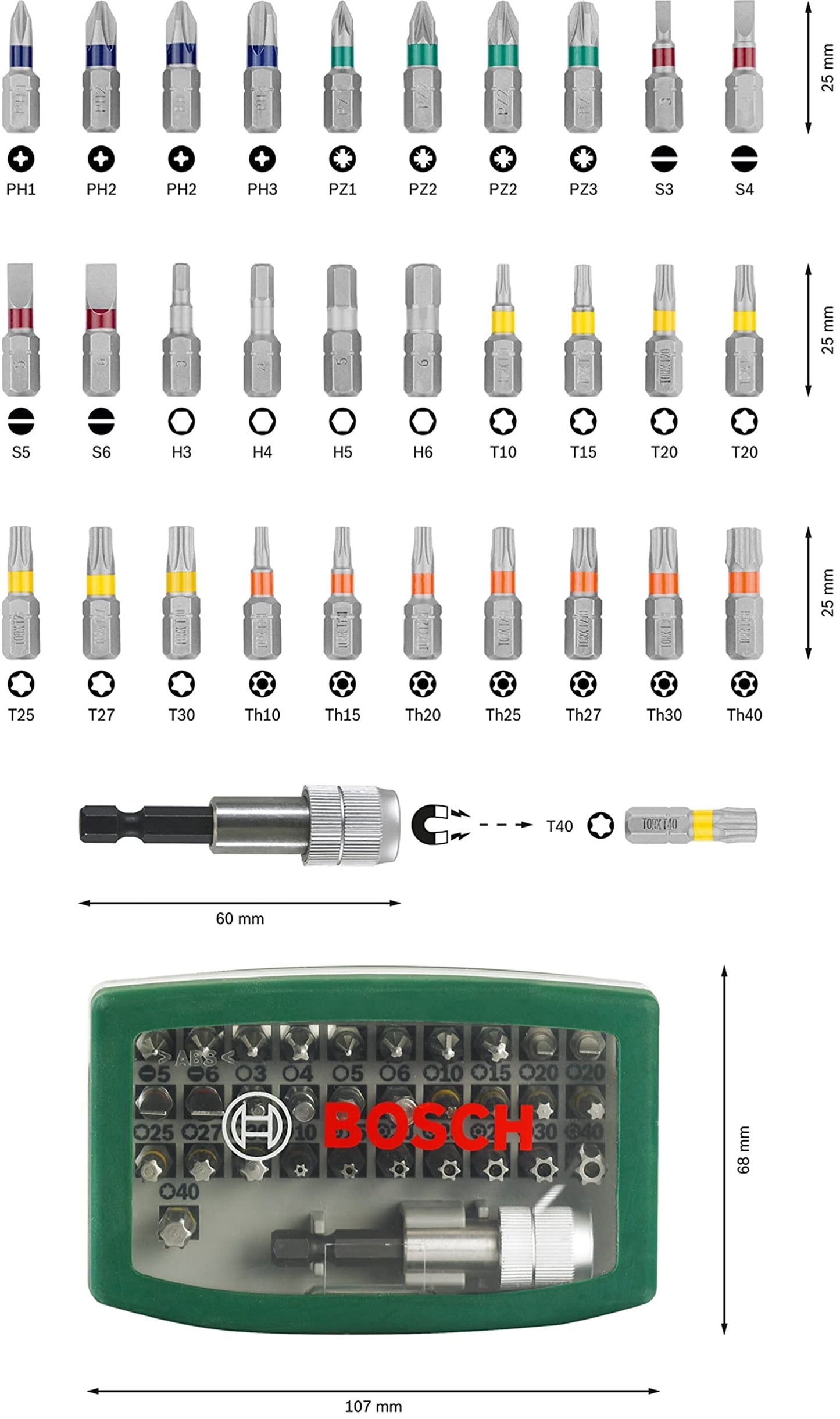 Bosch 32tlg. Schrauberbit-Set (PH-, PZ-, Hex-, T-, TH-, S-Bit, Zubehör Bohrschrauber und Schraubendreher)