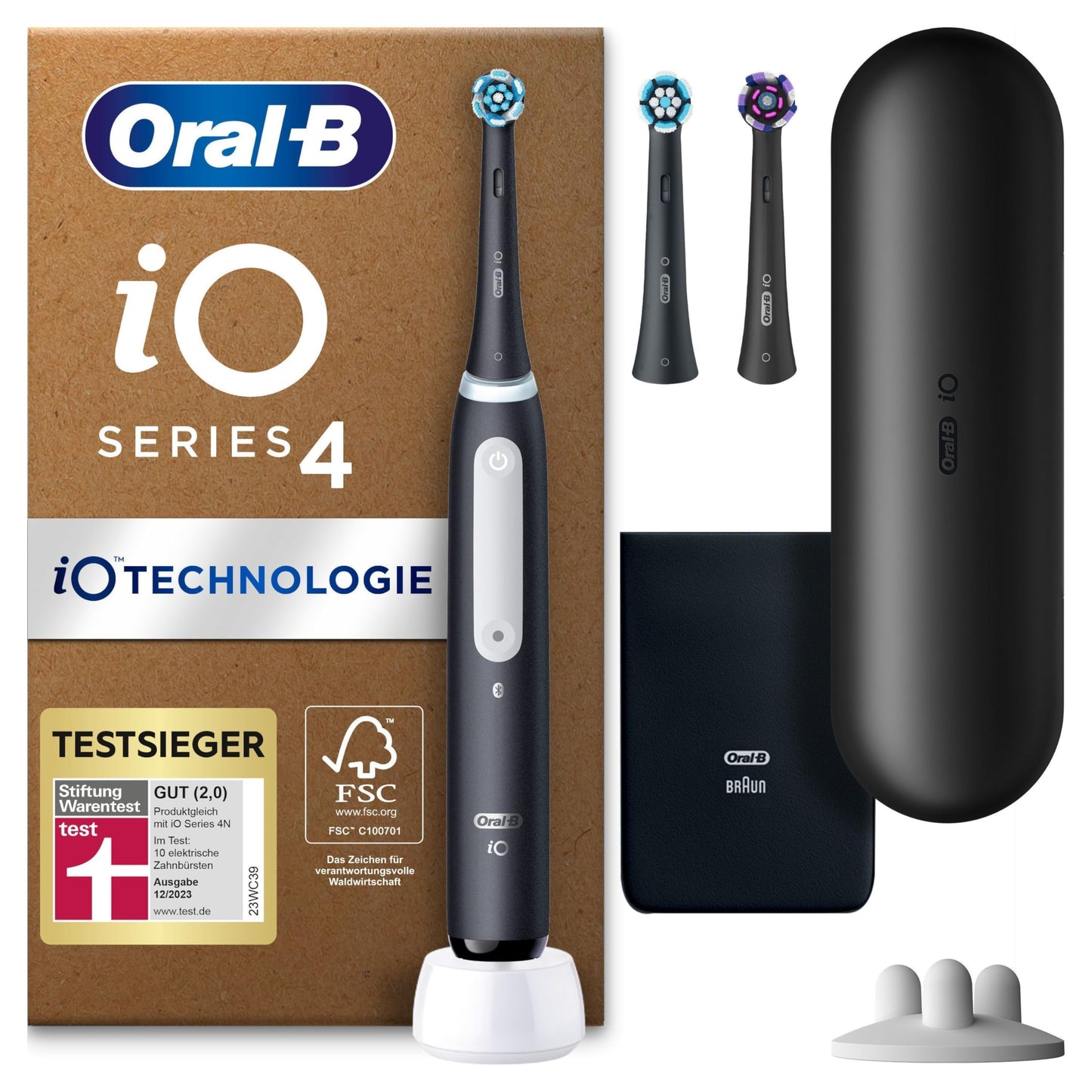 Oral-B iO Series 4 Plus Edition elektrisk tandbørste/elektrisk tandbørste PLUS 3 børstehoveder magnetisk etui, 4 rengøringstilstande, mat sort, designet af brun, TESTØVER Stiftung Warentest (12/2023)