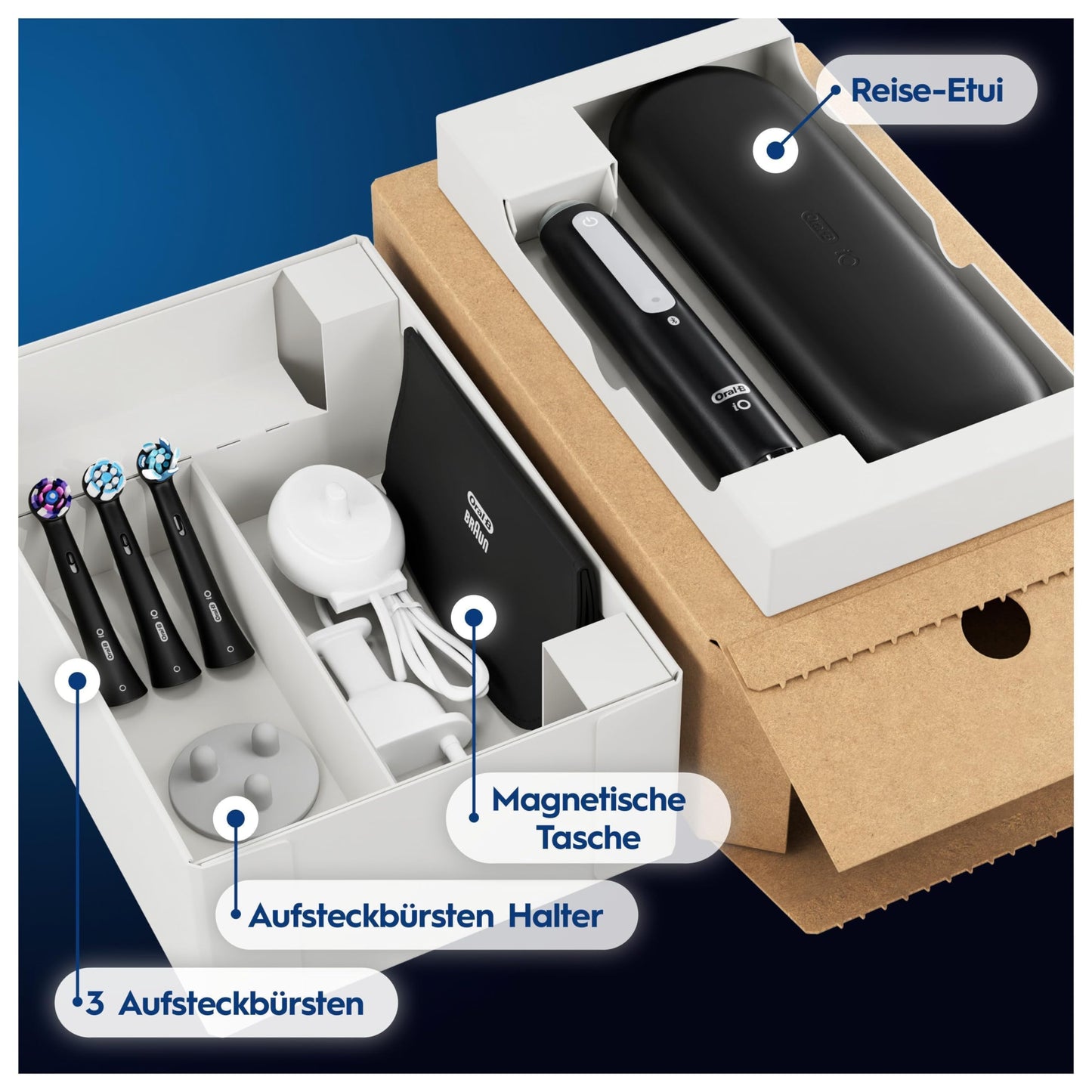 Oral-B iO Series 4 Plus Edition elektrisk tandbørste/elektrisk tandbørste PLUS 3 børstehoveder magnetisk etui, 4 rengøringstilstande, mat sort, designet af brun, TESTØVER Stiftung Warentest (12/2023)