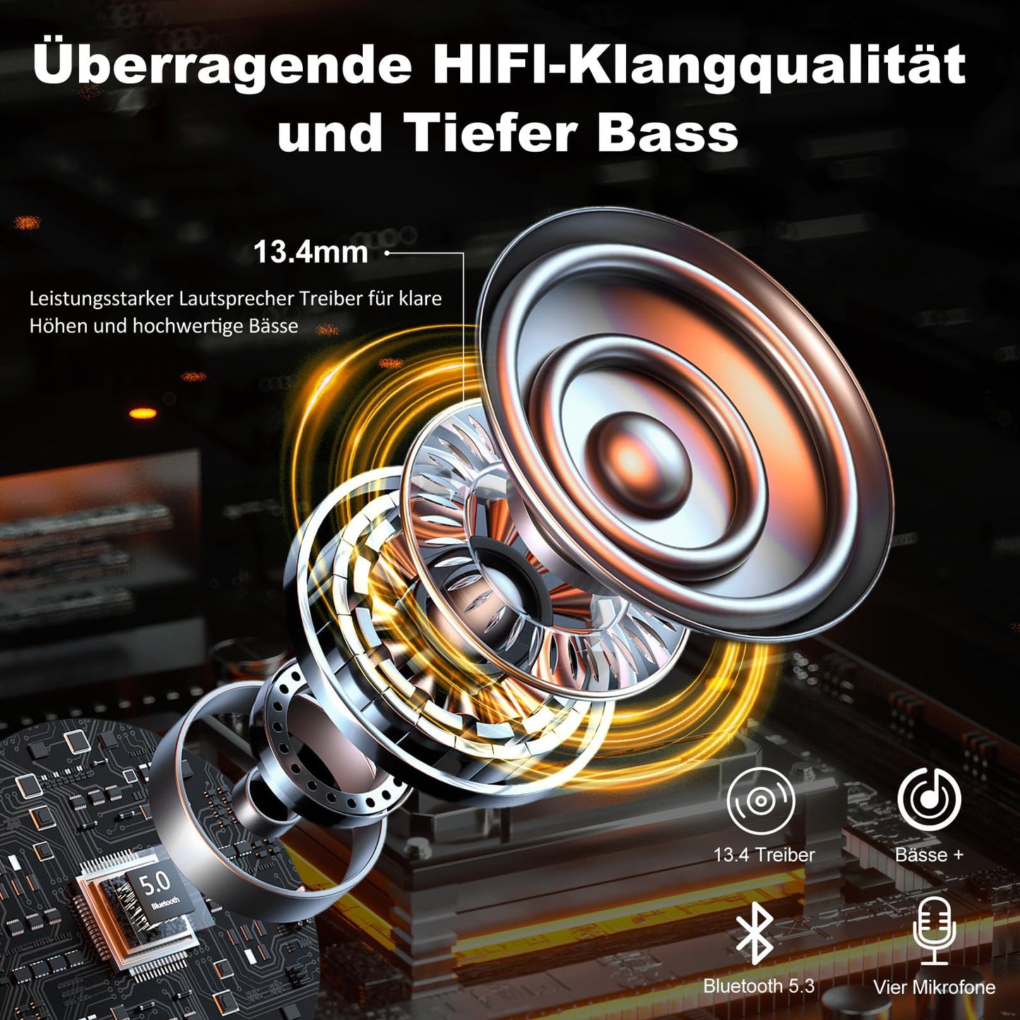 POMUIC Bluetooth Headphones, Wireless Bluetooth 5.3 Headphones with 4 ENC Noise Cancelling Mic, In-Ear HiFi Stereo, 40 Hours Playtime, LED Display